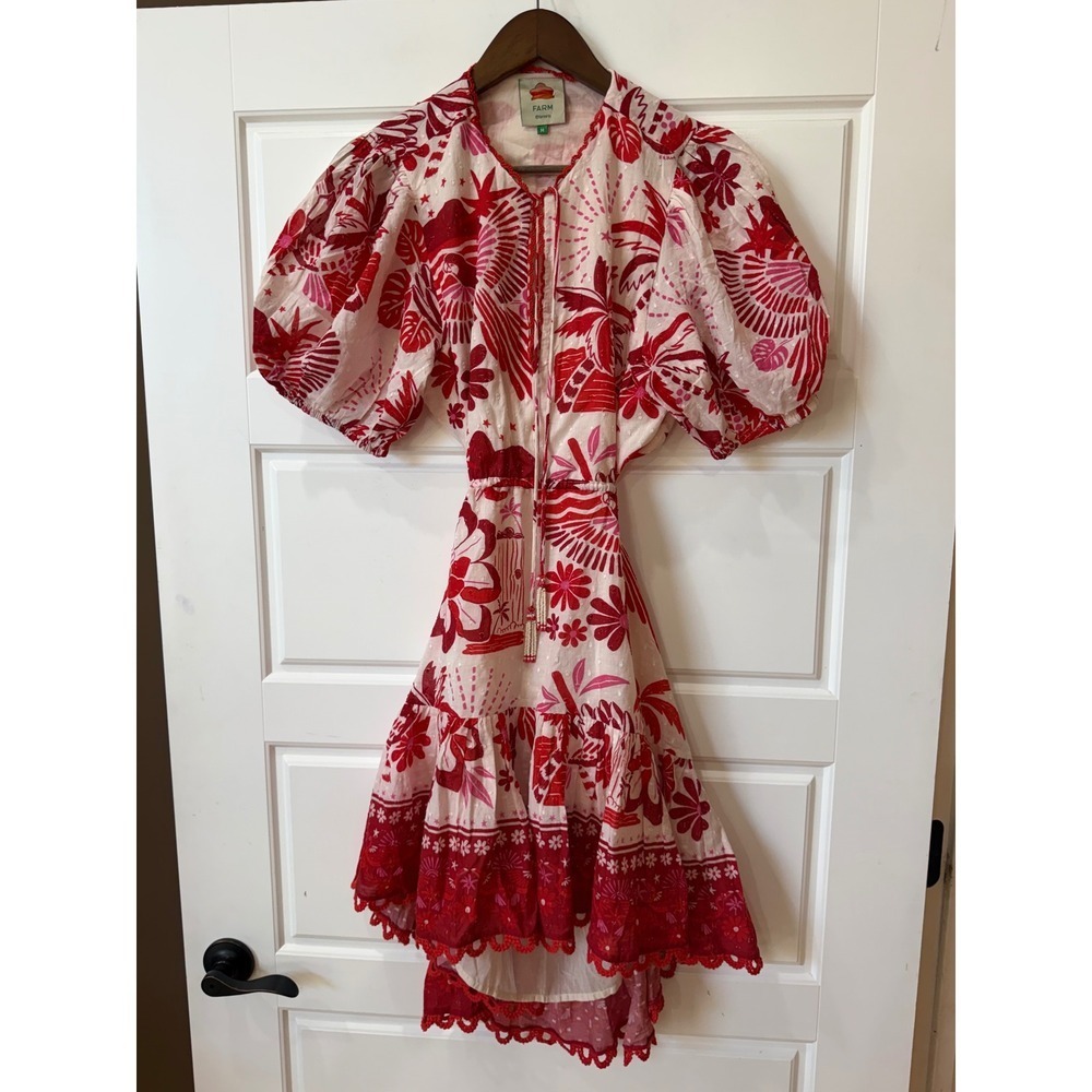 Farm Rio Red White Tiles Mini Dress Cut Out Back Medium Vacation Boho - Picture 3 of 12
